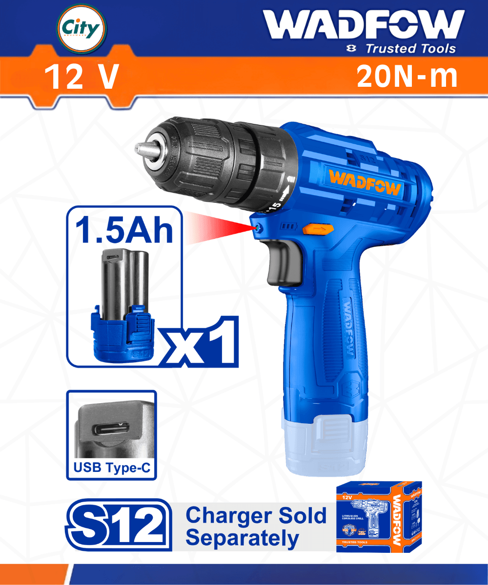 12v লিথিয়াম আয়ন কডলেশ ড্রিল মেশিন 20Nm WADFOW WCDS510
