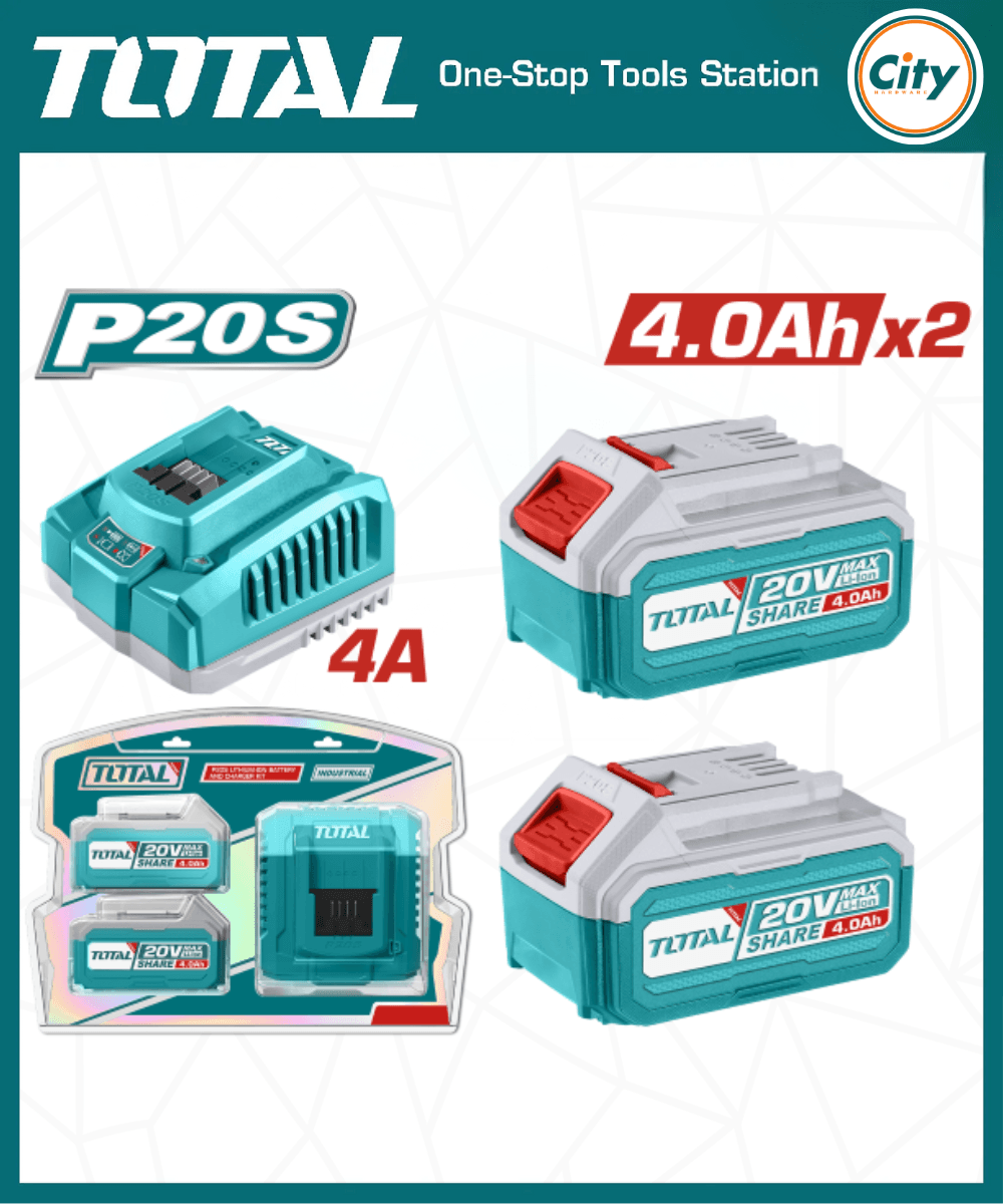 20v লিথিয়াম আয়ন 4.0Ah ব্যাটারি ২ পিস ও চার্জার সেট TOTAL TFBCPK1424